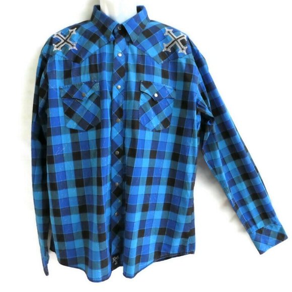 Wrangler Rock 47 Western Shirt Button Snaps Peaked Yokes Pocket Flaps Check XL Men